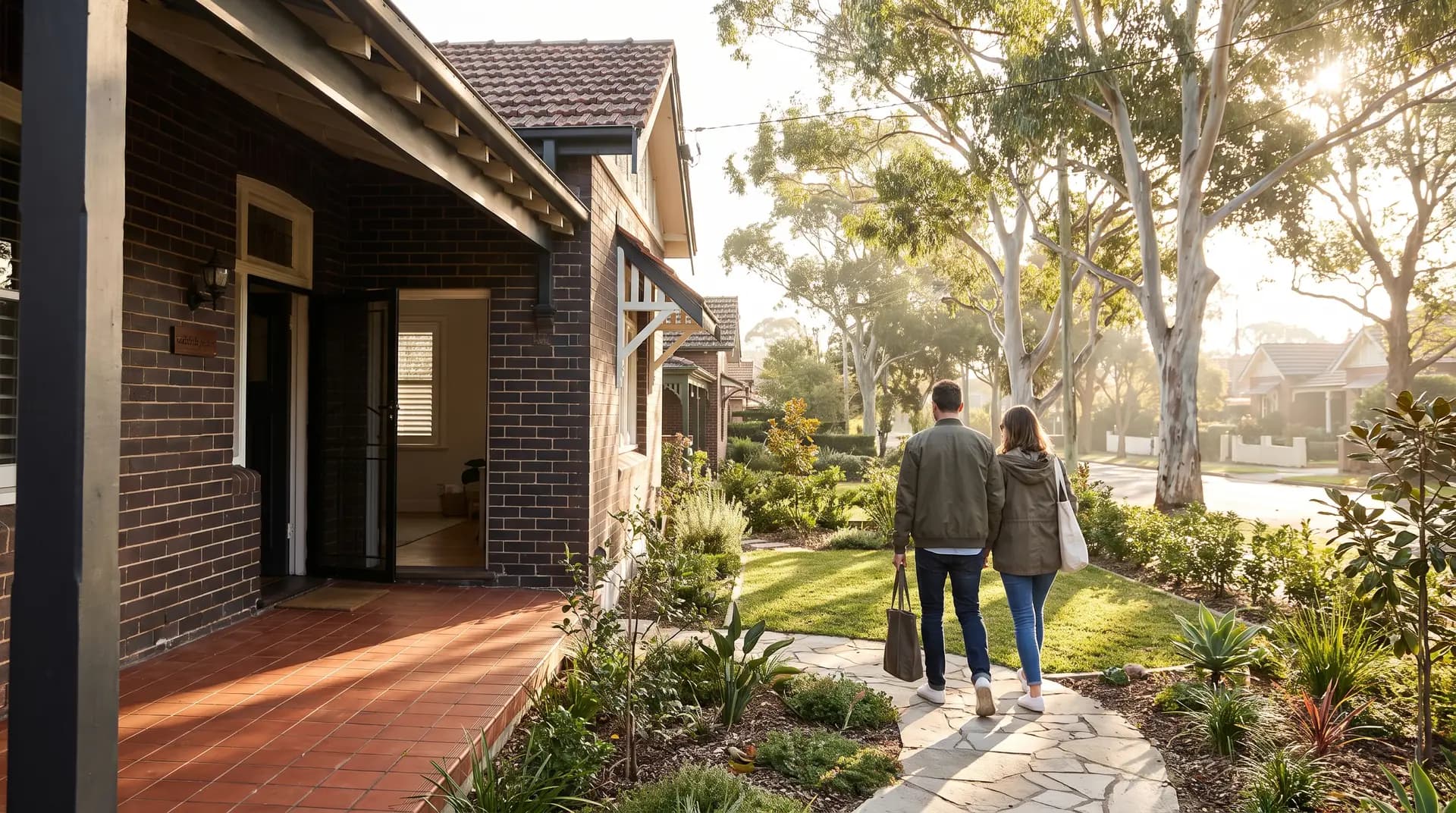 Illustrative: a couple walking up the path to an open home in a Sydney suburb