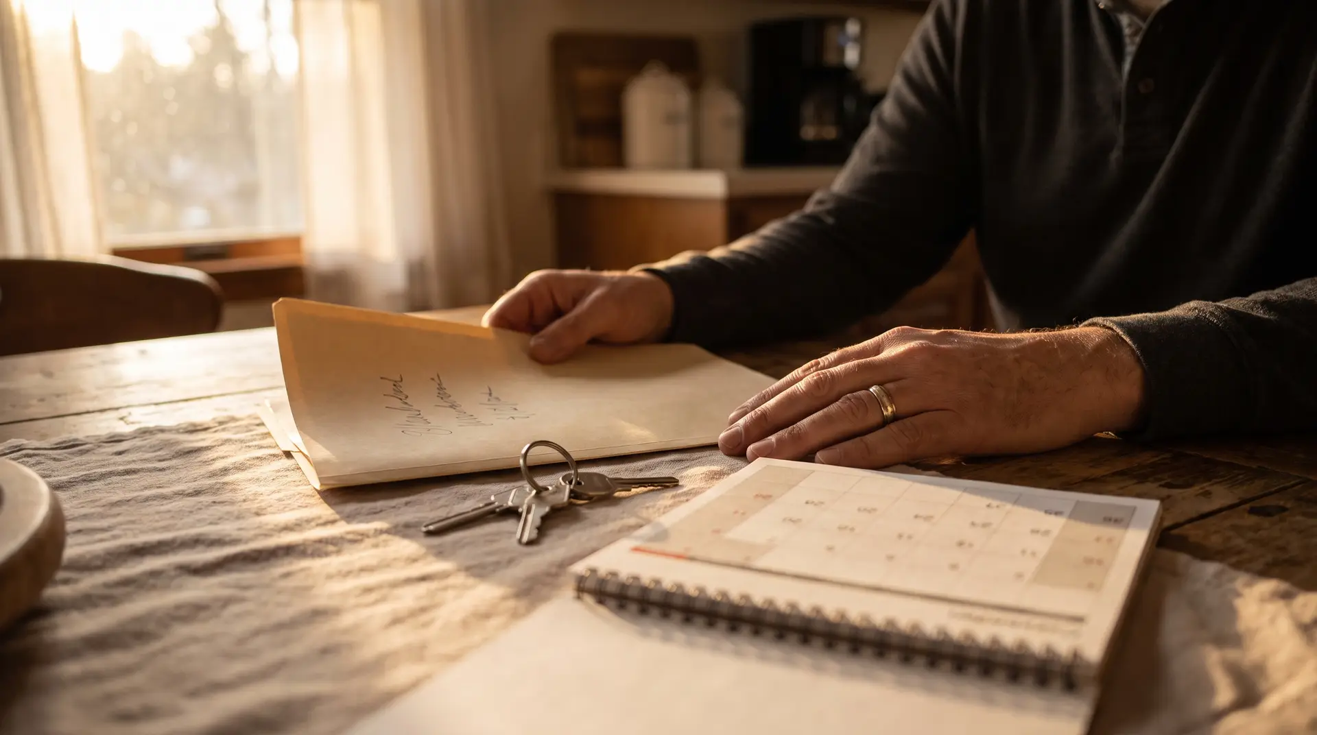 Illustrative: a property contract folder, house keys and a calendar on a kitchen table