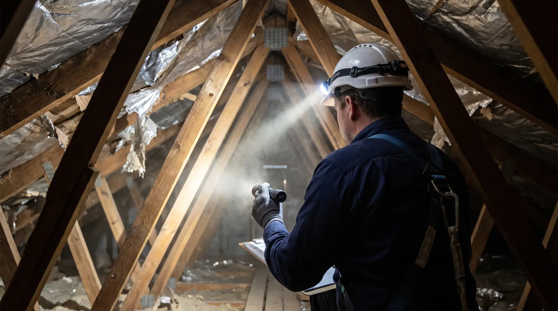 Illustrative: an inspector's head torch on timber roof framing inside a roof void