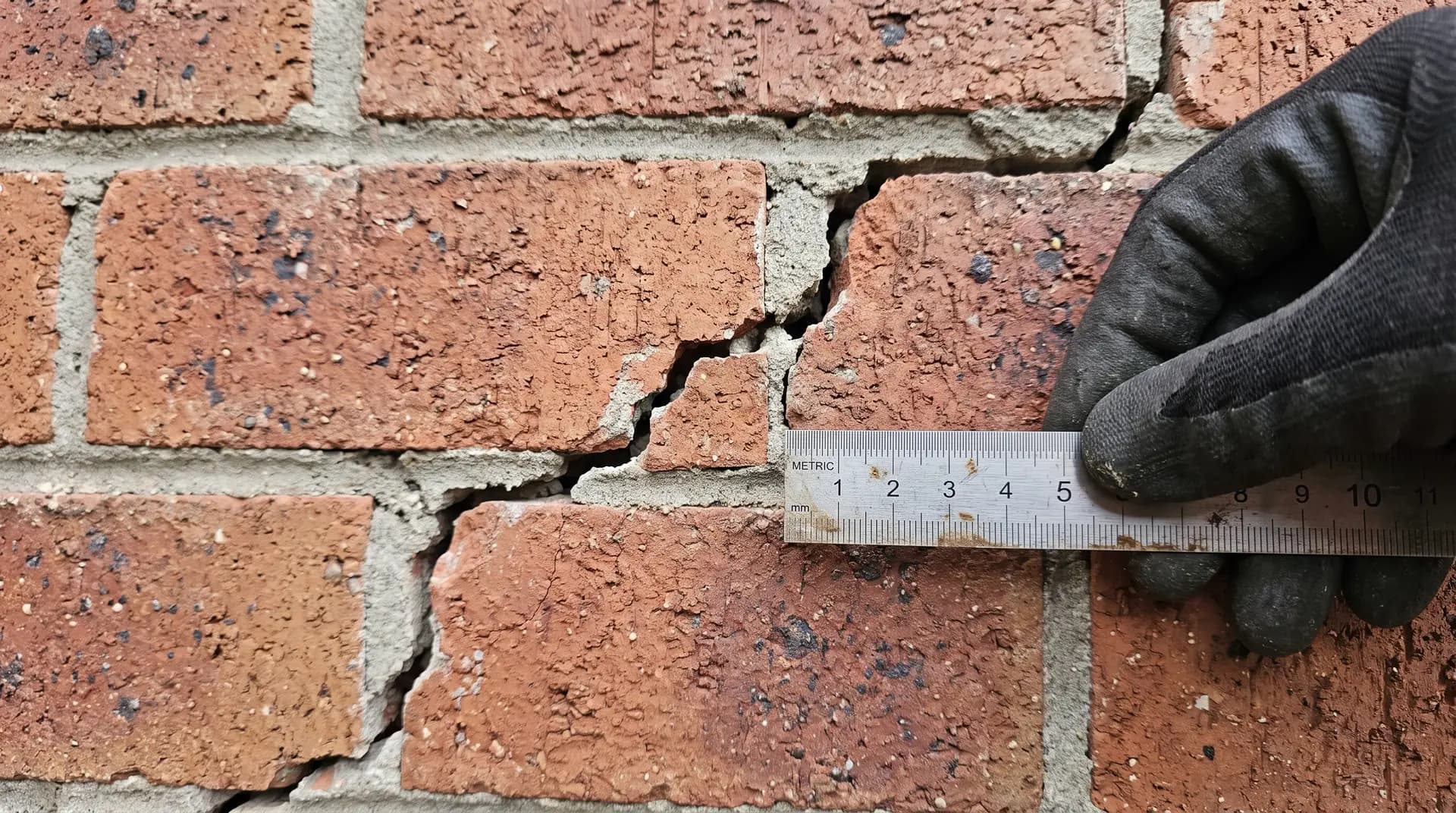 Illustrative: a stepped crack following the mortar joints in a brick wall, with a ruler for scale