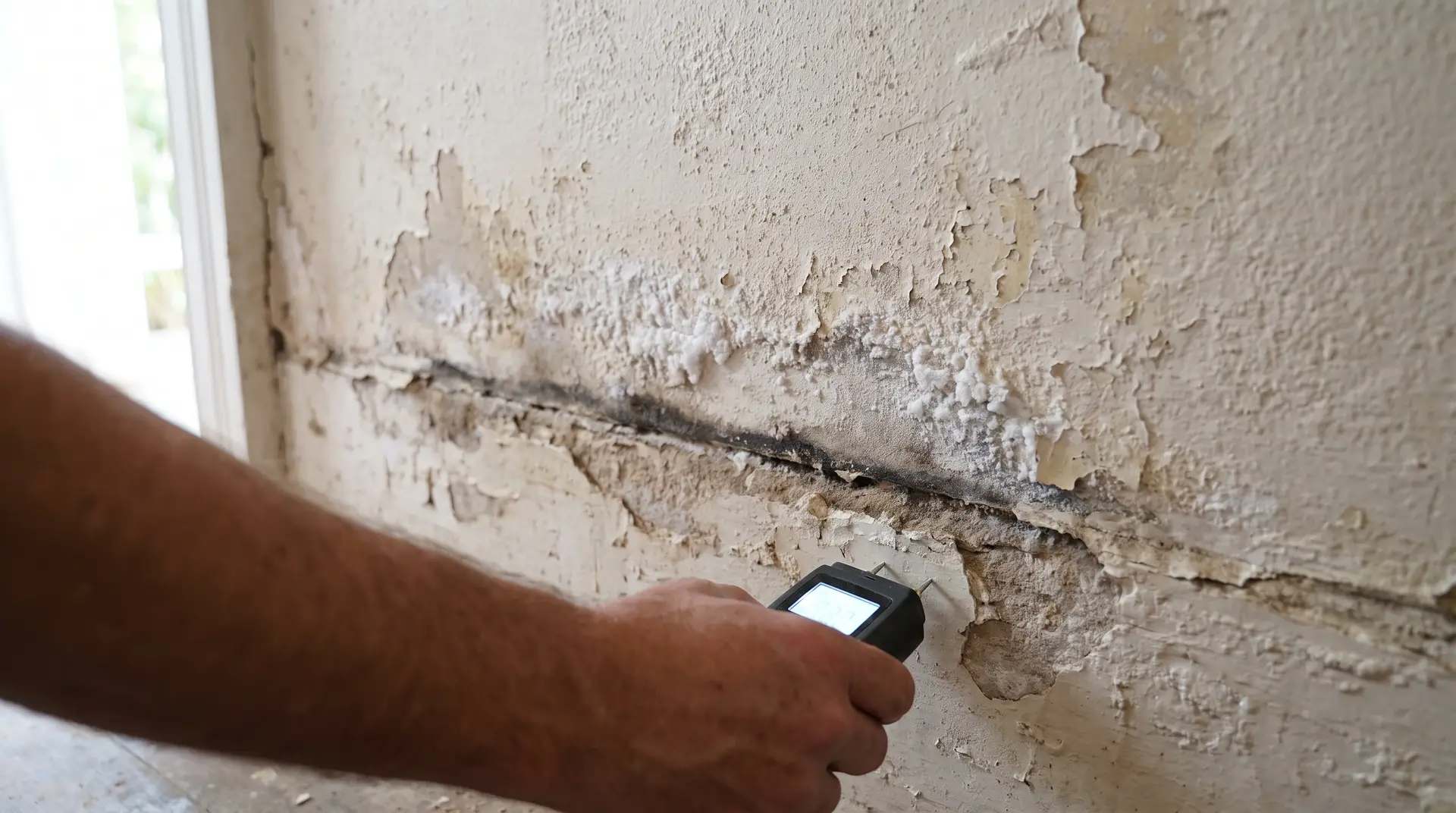 Illustrative: a tide mark, bubbling paint and salt deposits at the base of a wall, with a moisture meter