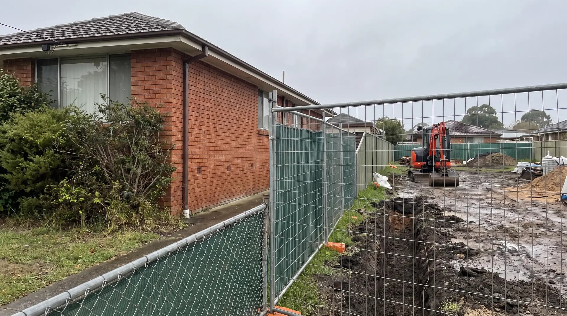 Illustrative: the side wall of a house beside a fenced building site with an excavator