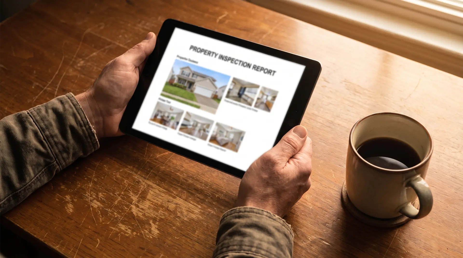Illustrative: reading a property inspection report on a tablet at a desk
